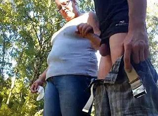 Outdoor handjob turns into intense group action with big tits and missionary pounding!