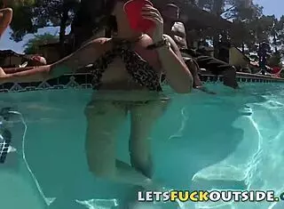 let's fuck outside, hot threesome by the pool at party