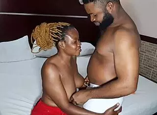 ebony ladygold in red jeans takes krissyjohs huge cock doggystyle