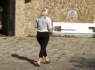 teasing ass in black transparent leggings outdoors, so sexy 😏