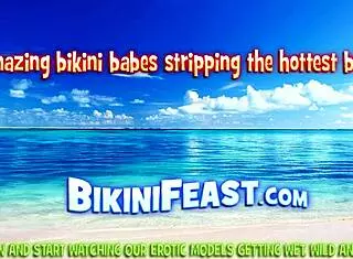 Oh my, the brunette's wet bikini pussy stretching close up with big tits!