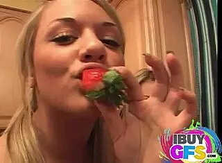 Jamie Spice and lesbian friend licking pussy with cream and strawberry, so hot!