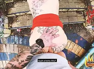 Tattooed brunette milf gets fucked outdoors in doggy pov