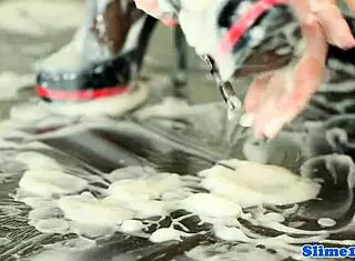 Adorable euro in stockings gets bukkake facial