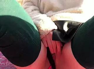 Latina couple uses vibrator for orgasm control in public park flashing wet pussy 😍