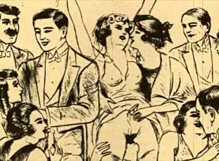 A vintage erotic illustration from the retro era featuring hentai anime cartoon style.