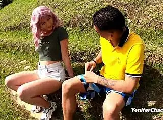 i watched her suck a big cock in public pov, deepthroating it with her tits bouncing until cumshot