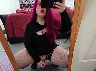 cute bbw tranny jerks off in lingerie mirror