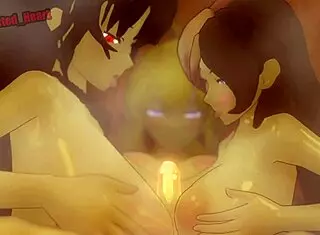 big titty futanari yang fucks multiple partners in a group threesome titty fuck session in the sauna with loop sound