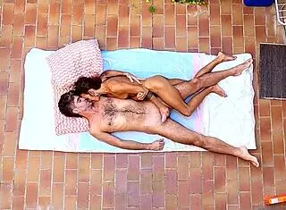 birdview couple gets exposed on the balcony, passionate and amateur