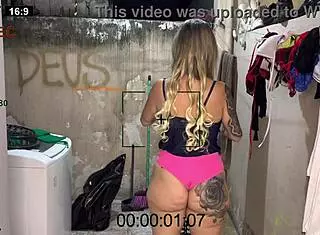 hired blonde maid with shorts stuck in big ass