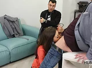 OMG, her shaved pussy gets slammed hard right in front of her boyfriend!