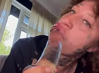 Tatted girl cries during rough blowjob