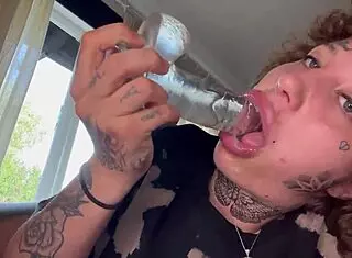 Tatted girl cries during rough blowjob