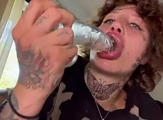 Tatted girl cries during rough blowjob