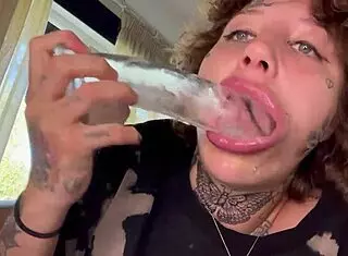 Tatted girl cries during rough blowjob