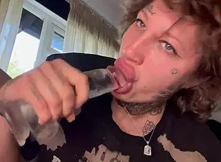 Tatted girl cries during rough blowjob