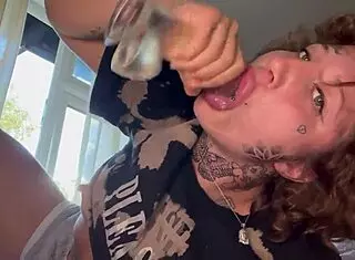 Tatted girl cries during rough blowjob