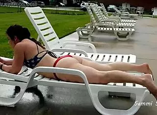 Bikini milf flashes at campground pool!