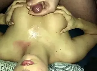 tit fuck and cum splash after long workday