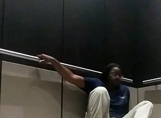 in the elevator, ebony solo masturbates her big ass pussy with fingering monster toy