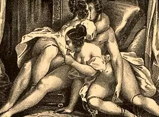 Vintage erotická ilustrace zobrazuje retro starožitné hentai anime kreslené scény