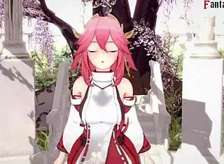 Yae Miko Sucking in Genshin Impact Full Fantasy Scene