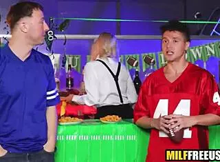 hot blonde babe in uniform gets fucked by football fans group