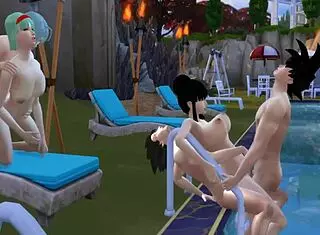 Bulma and Chichi share stepsons in pool orgy, getting assfucked hard!