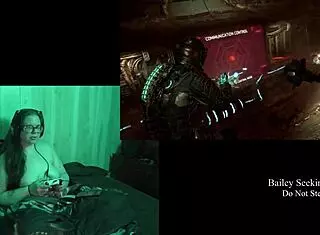 Naked brunette plays Deadspace part 8, embracing her natural curves in the game