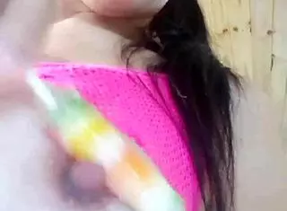 Sweet candy with big tits shaved pussy cum