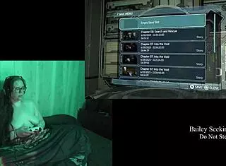 Naked brunette plays Deadspace part 8, embracing her natural curves in the game