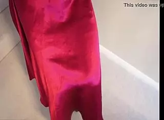 My sexy red satin skirt hides a slutty wife with stockings and panties.