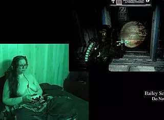 Naked brunette plays Deadspace part 8, embracing her natural curves in the game