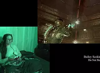 Naked brunette plays Deadspace part 8, embracing her natural curves in the game