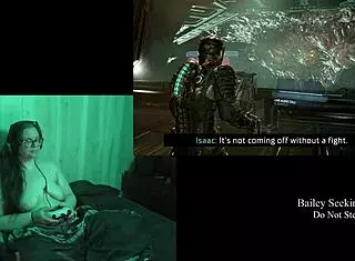 Naked brunette plays Deadspace part 8, embracing her natural curves in the game