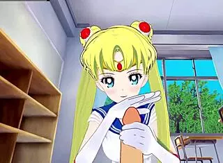 Sailor Moon gets blowjob and handjob in hentai.
