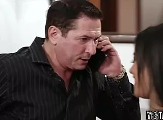 His cute stepdaughter bends over and drives him wild with desire.