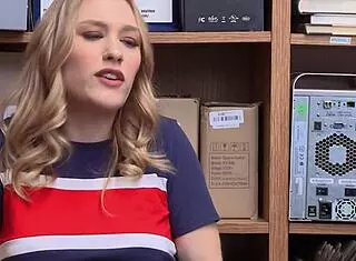 cute blondie caught stealing by security guard at mall, leads to monster cock foreplay