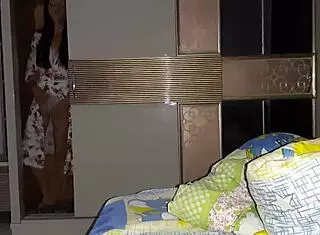 My stepsister peeps on me from closet while I jerk off and masturbates too