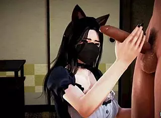 Goth Catgirl Maid in Cosplay Services Master's Cock with Handjob