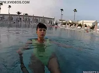Transparent swimwear gets wet in public pool