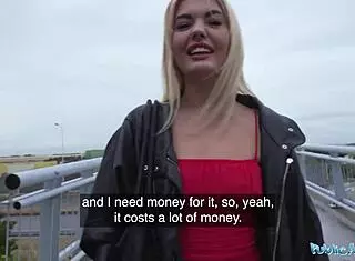 Hot blonde in red dress sucks dick publicly and gets fucked in doggystyle.