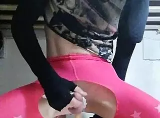 Ladyboy rides a dildo for the first time in solo gay action.