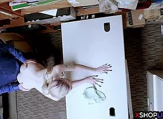Petite blonde teen with natural tits steals at office and avoids prison with blowjob