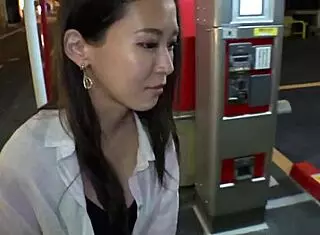 Sensitive busty babe drips on street in denim