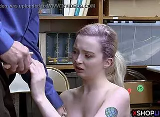 Petite blonde teen with natural tits steals at office and avoids prison with blowjob