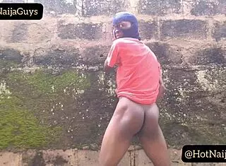 Nigerian guy jerks big cock publicly in backyard 😍