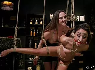 domme ties up lesbian for whipping and anal banging