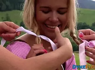 look at these lesbian milkmaids in an outdoor threeway